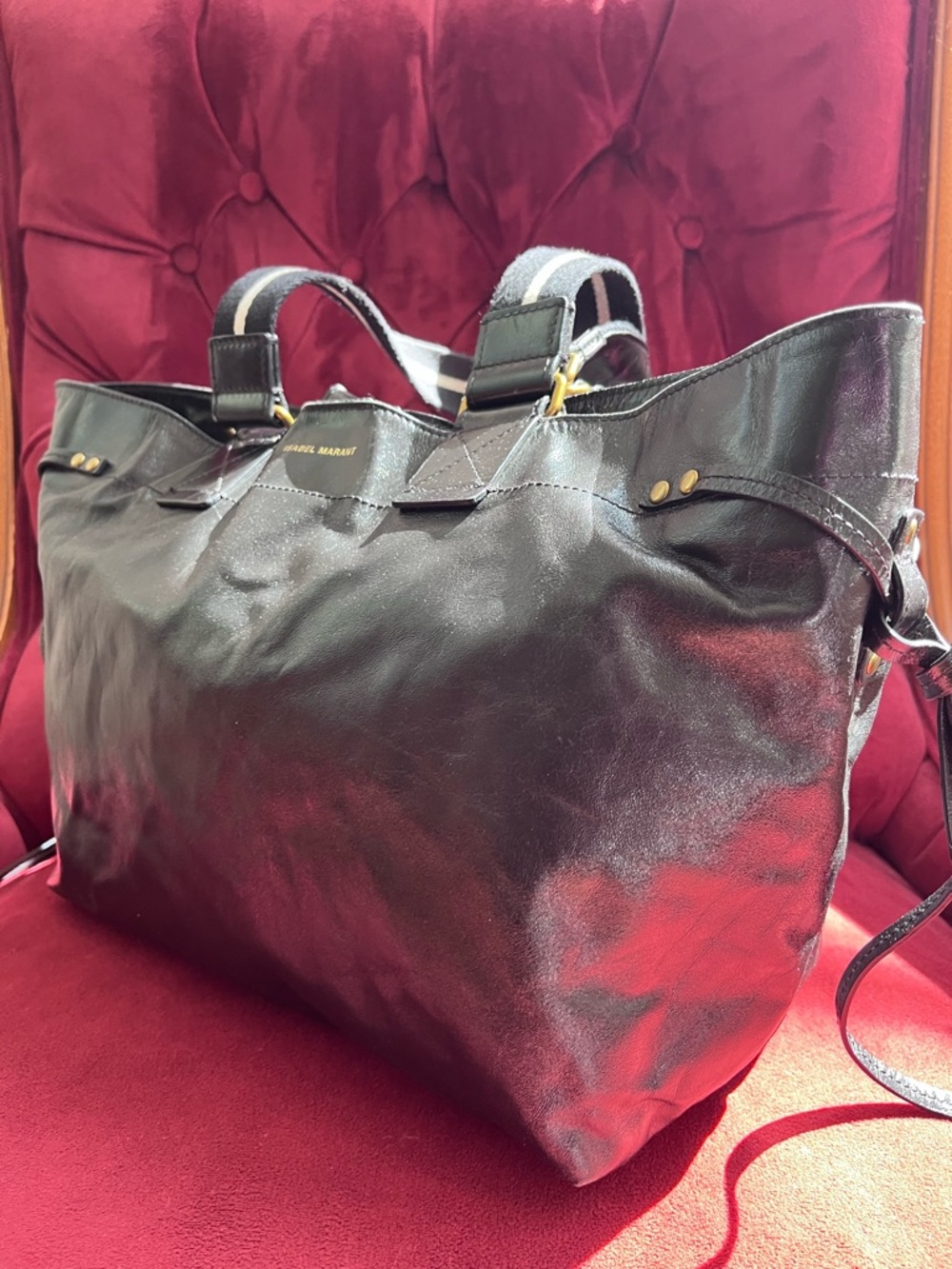 Isabel Marant Wardy Double-Handle Black Leather Tote with Gold Zipper